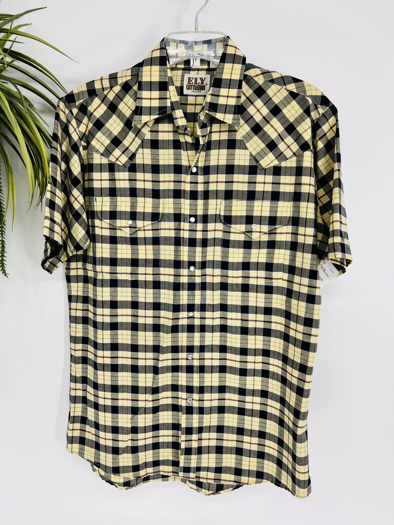 (Medium) Ely Cattleman Yellow Navy Pearl Snap Men's