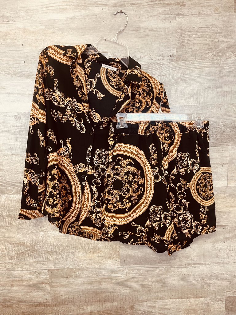 (Small) Timing Black Gold Patterned two Piece Set Women's