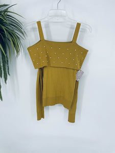(Small) Boutique Mustard Pearl Off Shoulder Sweater Women's