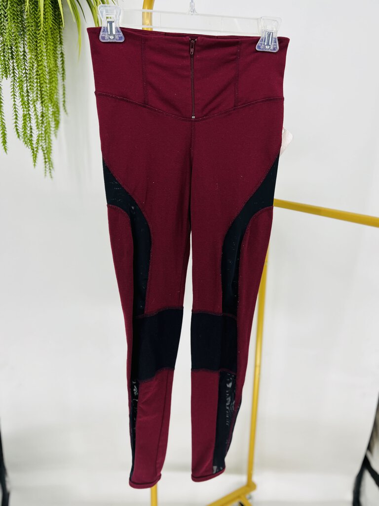 (Small) Free People MOvement Maroon Black Mesh Leggings Women's