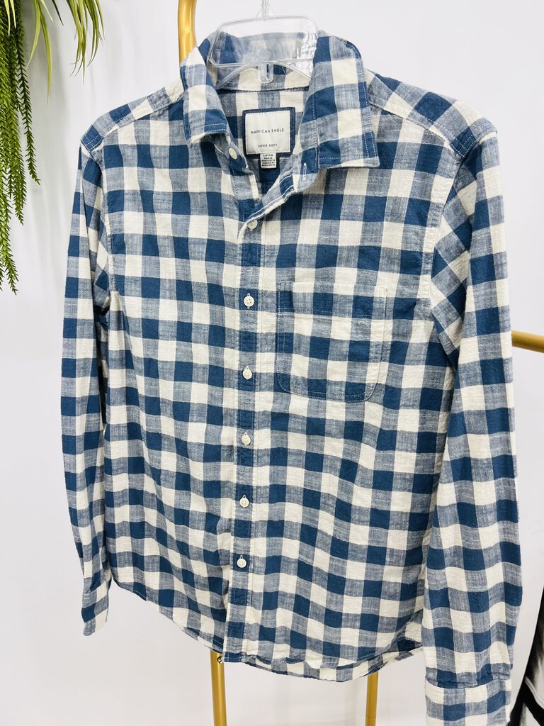 (S) American Eagle Blue Plaid Shirt Mens