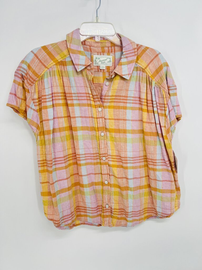 (M) American Eagle Pink Orange Plaid Shirt Womens