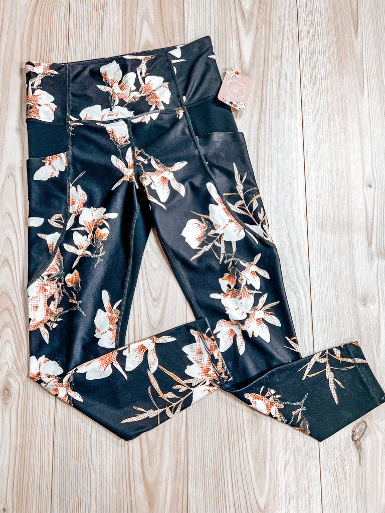 (S) Athleta Black Pink Floral Leggings Womens