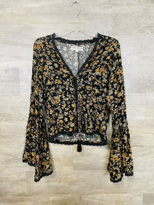 (S) Idyllwind Black Yellow Floral Bell Sleeve Top Womens