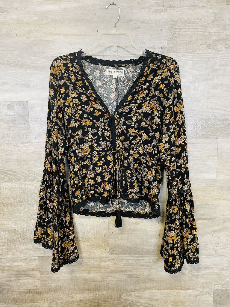 (S) Idyllwind Black Yellow Floral Bell Sleeve Top Womens