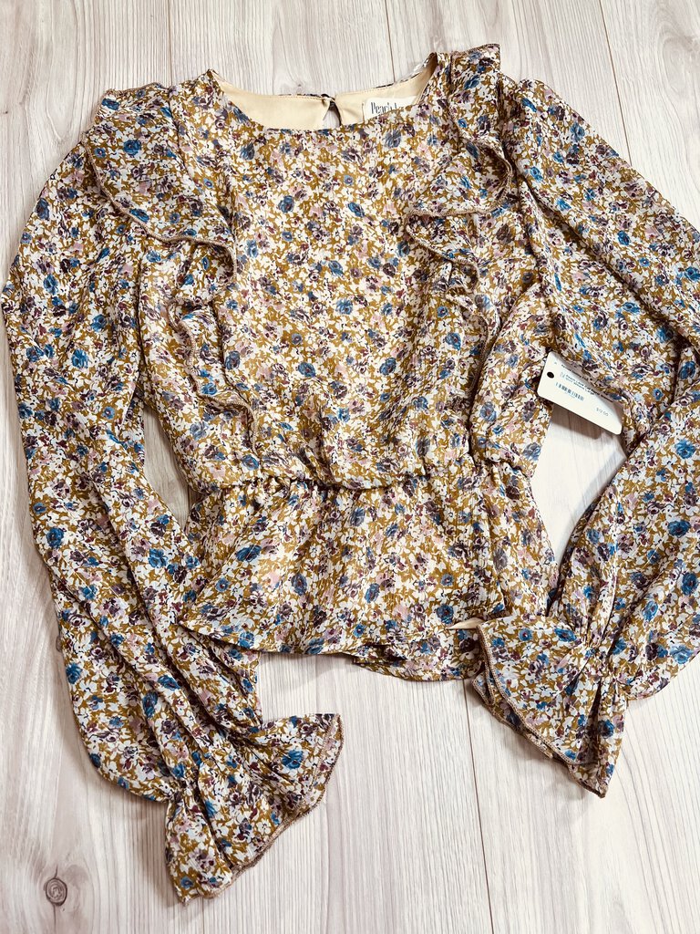 (L) Peach Love Cali Floral Shimmer LS Shirt Wmens