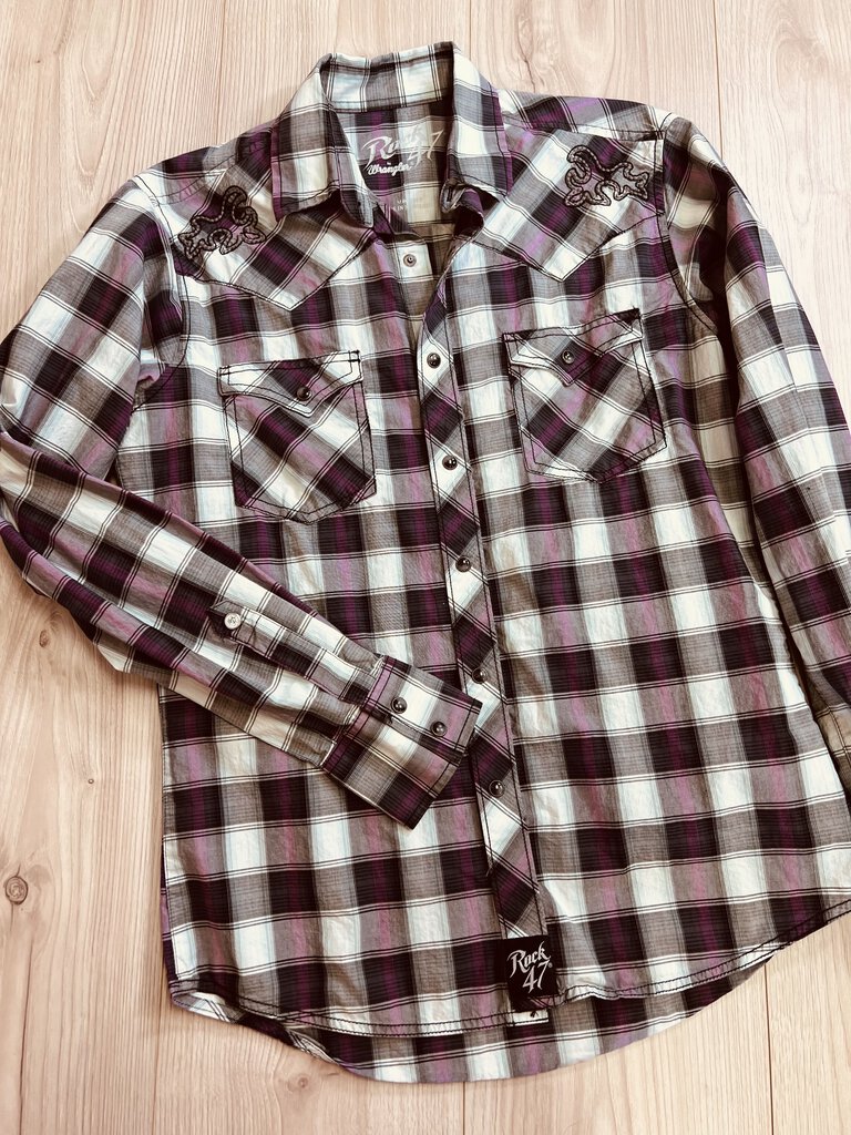 (Small) Rock 47 Purple Gray plaid Pearl Snap Men's