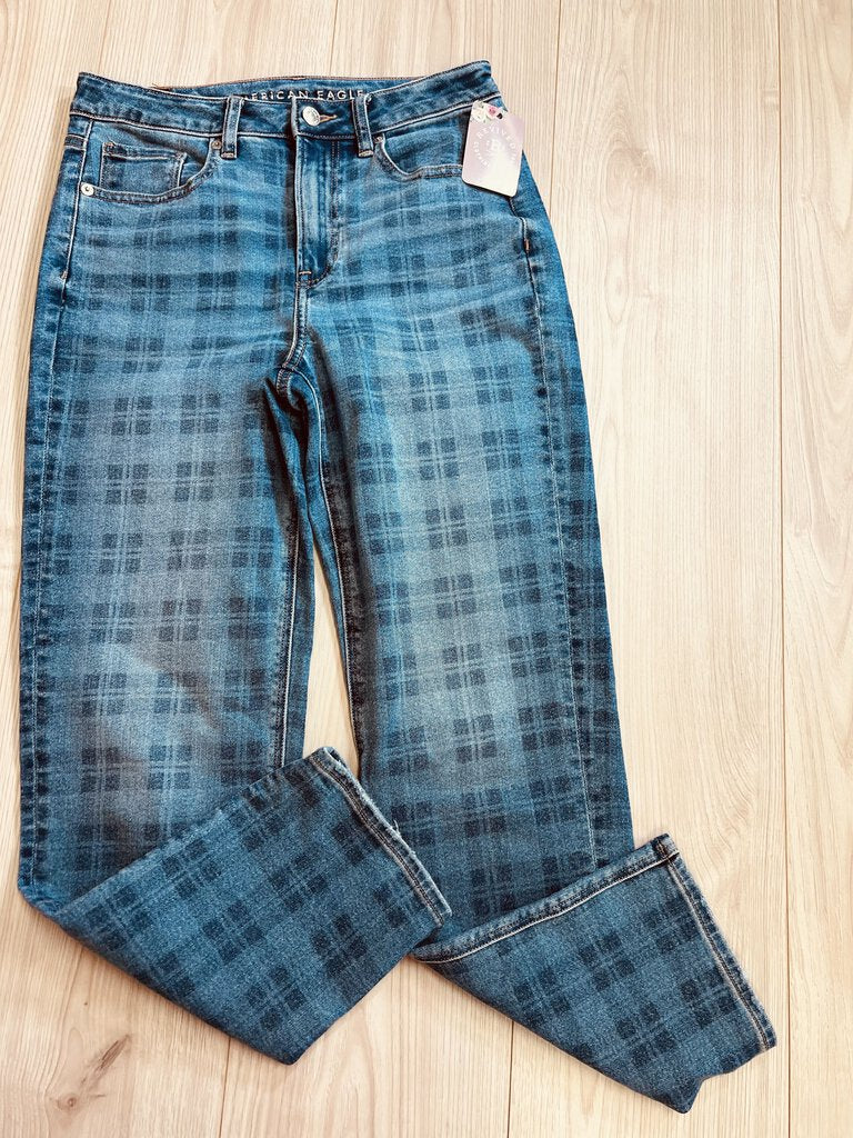 (4R) American Eagle Plaid Mom Straight Jean Womens