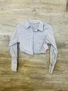 (S) Abercrombie & Fitch White Blue Striped Crop Button Up Womens