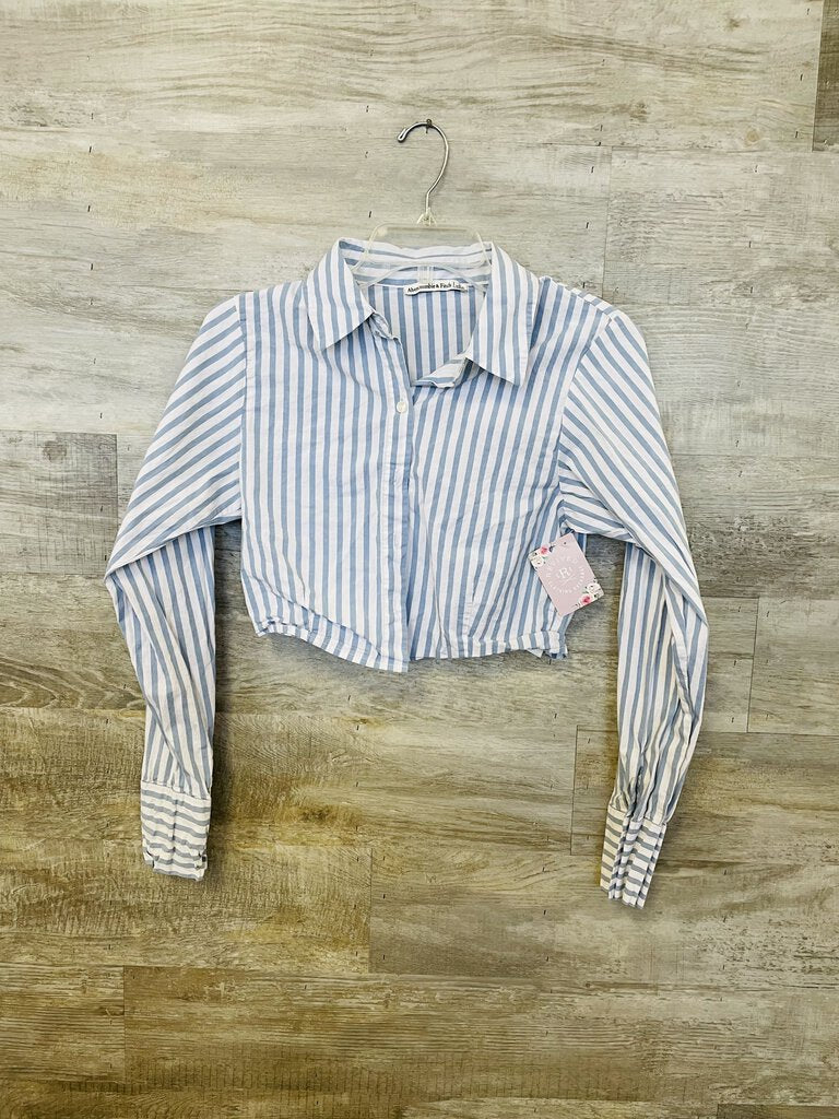 (S) Abercrombie & Fitch White Blue Striped Crop Button Up Womens