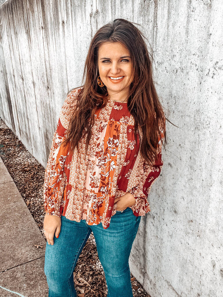 (L) Andree Maroon Floral LS Shirt Womens