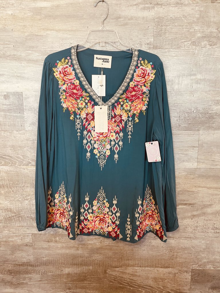 (1X) Savanna Jane Teal Embroidered Shirt Womens