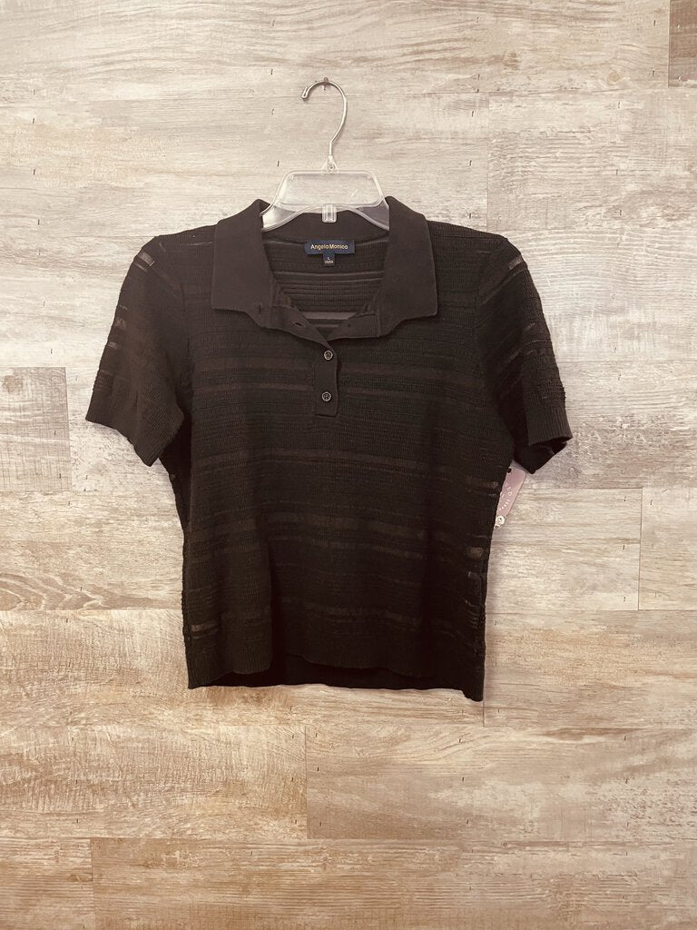 (L) Angela Monica Black Shear Collared Shirt Womens