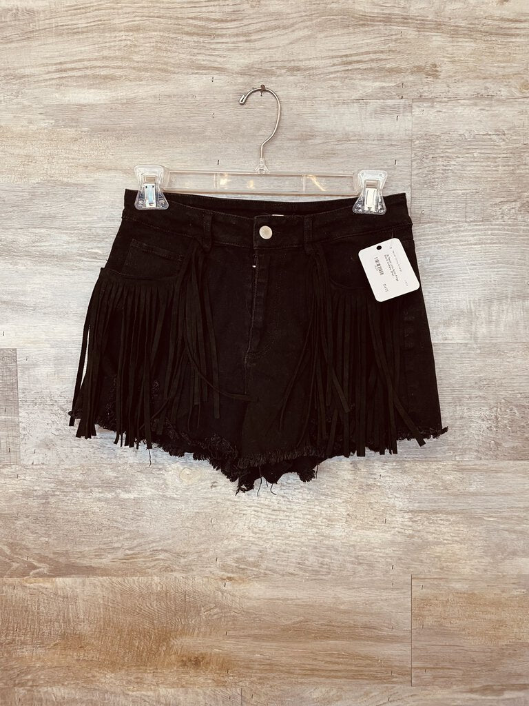 (S) Peach Love Black Fringe Shorts Womens