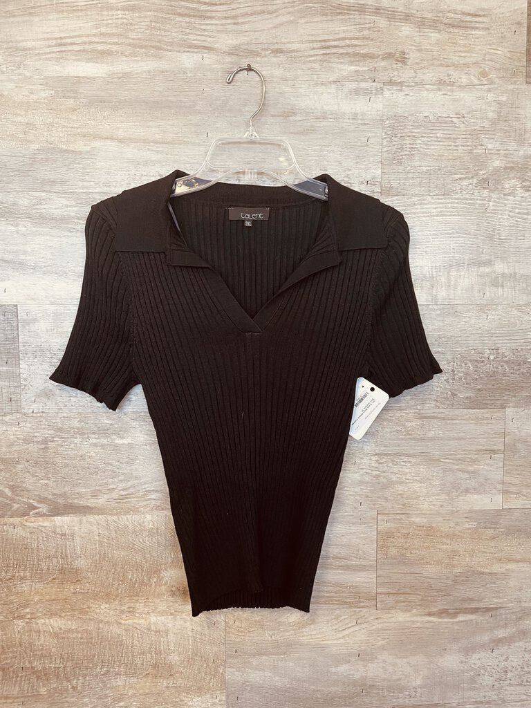 (3X) Talent Black Ribbed Collared Shirt Womens